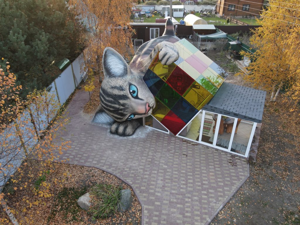 Aerial view of a customer-built sculptural kitchen in the form of a cat